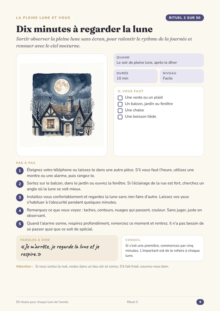 Page du rituel 3, Dix minutes à regarder la lune, du guide Rituels de pleine lune