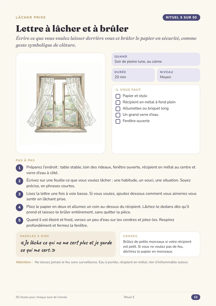 Page du rituel 5, Lettre à lâcher et à brûler, du guide Rituels de pleine lune