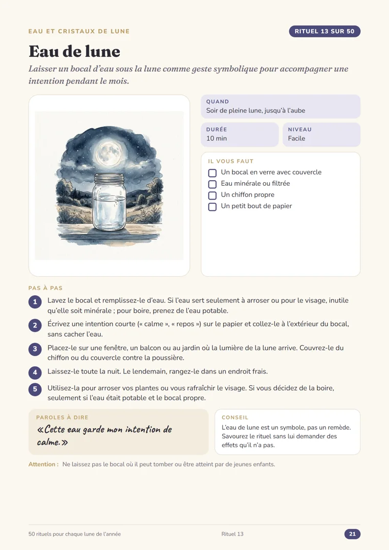Page du rituel 13, Eau de lune