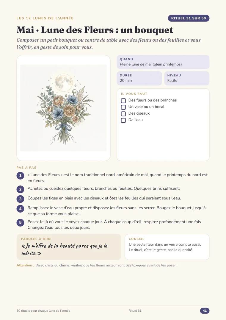 Page du rituel 31, Mai, Lune des Fleurs